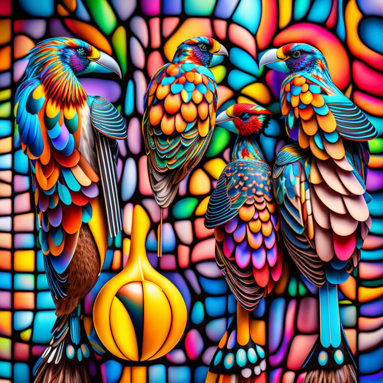 Colorful Stylized Birds on Intricate Mosaic Background