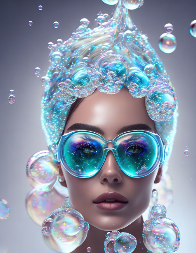 Digital artwork: Woman with reflective sunglasses, iridescent bubbles, and water splash crown.