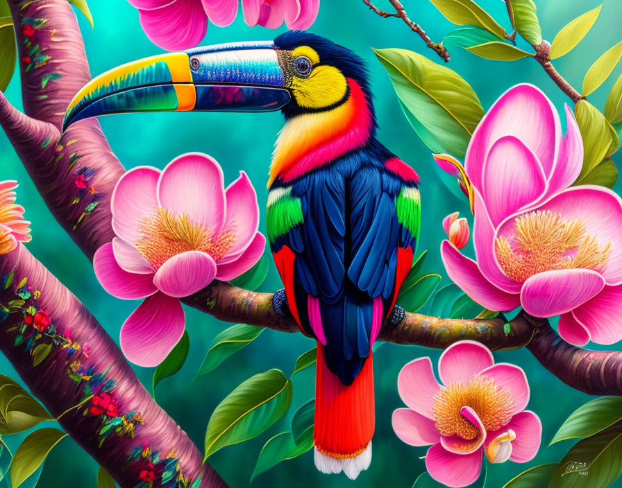 Colorful Toucan Painting Perched on Branch with Pink Flowers