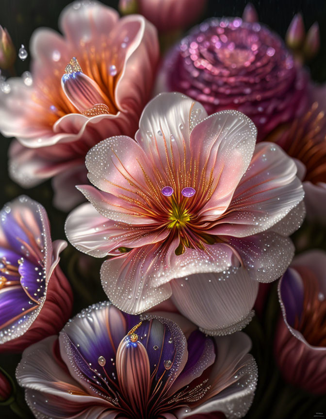 Bright pink and purple flowers with dewdrops on dark background