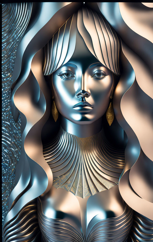 Stylized digital artwork of serene female figure in gold and blue hues