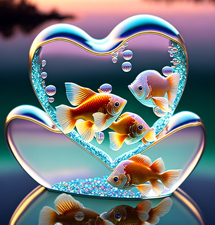 Heart-shaped translucent structure with orange fish in water droplets at twilight