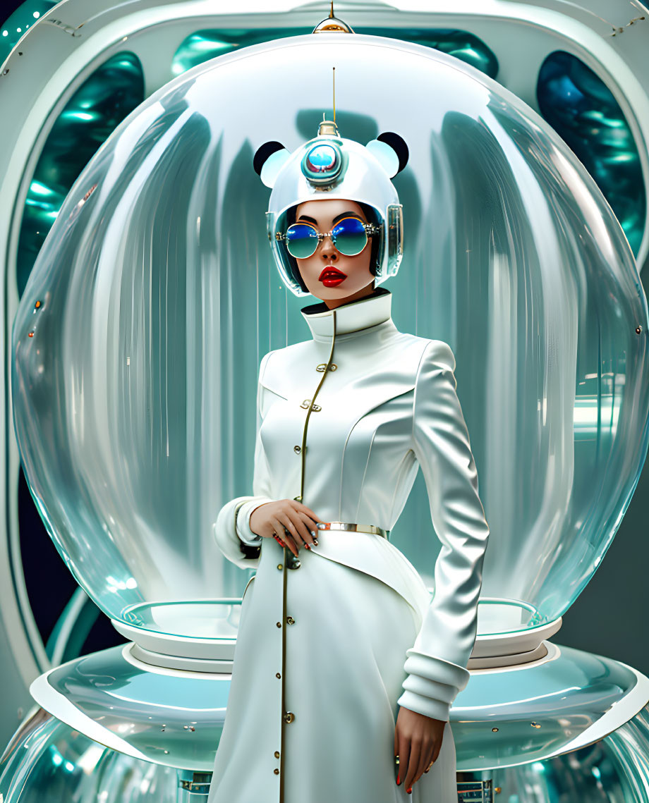 Futuristic woman in white outfit with panda headgear next to sci-fi capsule