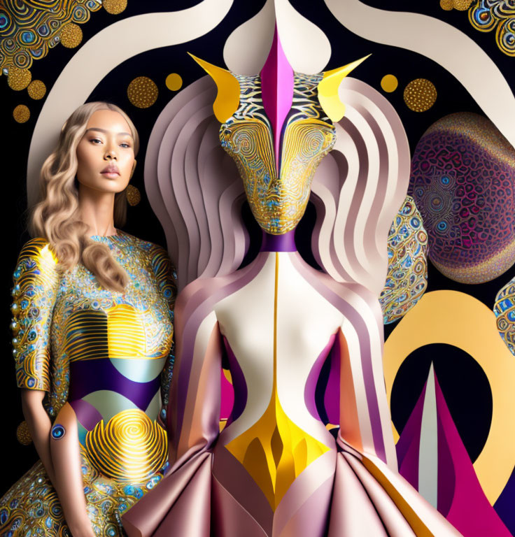 Woman in Patterned Dress Against Abstract Colorful Backdrop