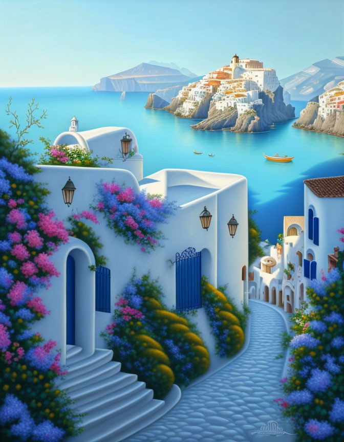 Coastal town with white buildings, blue doors, blooming flowers, and clear blue sea