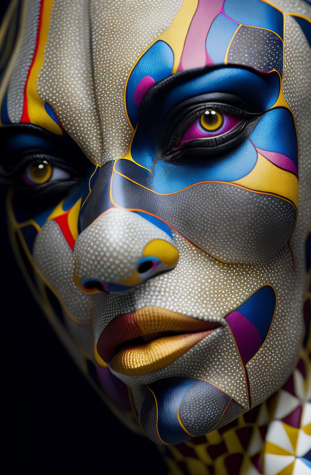 Colorful Geometric Face Paint Portrait with Close-Up Details