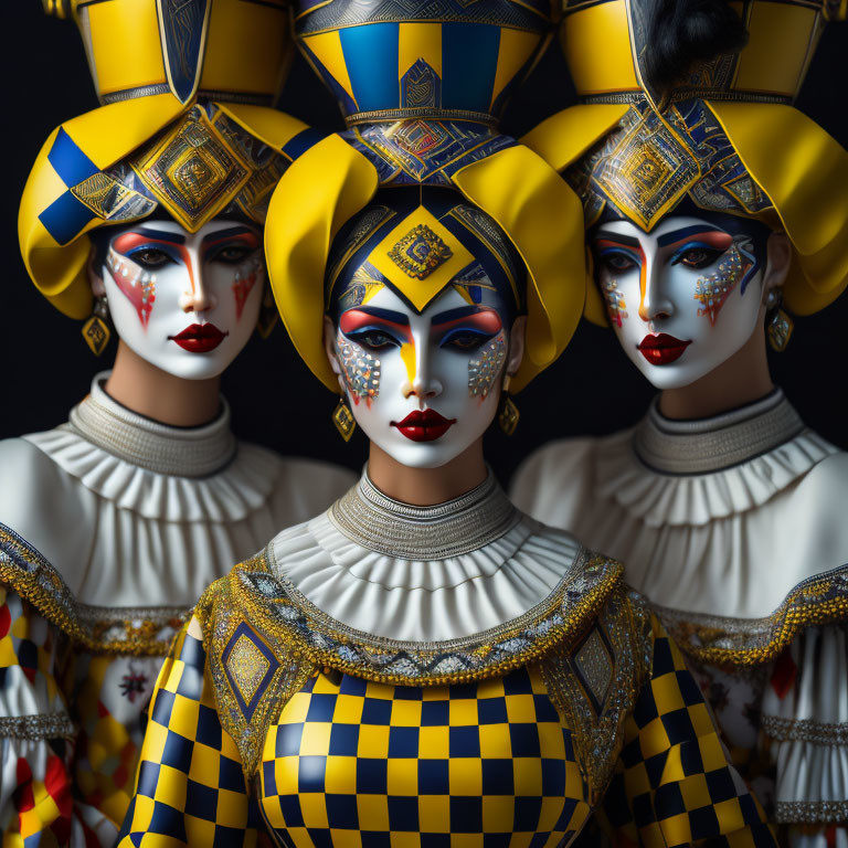 Three individuals in ornate, patterned costumes with elaborate headpieces and detailed makeup on dark background