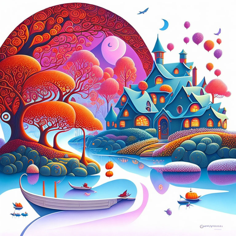 Colorful fantasy landscape with castle, trees, boat, and celestial bodies.