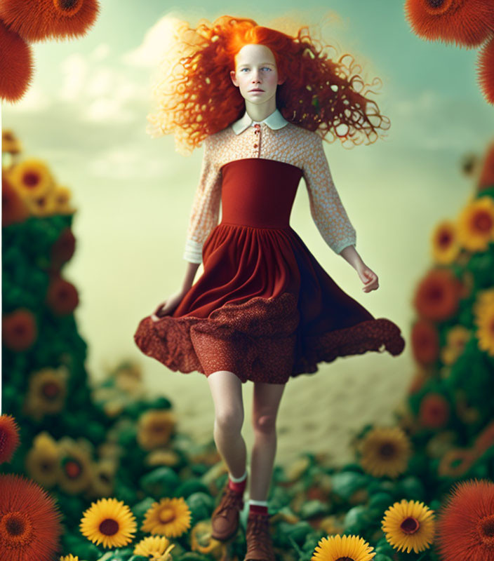 Vibrant red-haired woman floating among sunflowers in red dress.