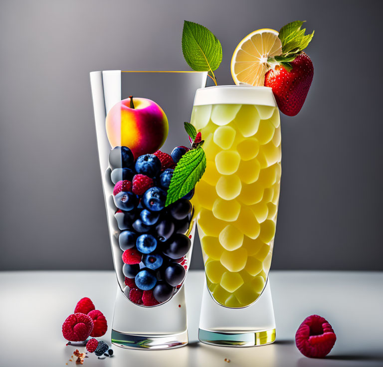 Fruit-filled glasses with honeycomb pattern, mint leaf, lemon slice, and strawberries on reflective surface