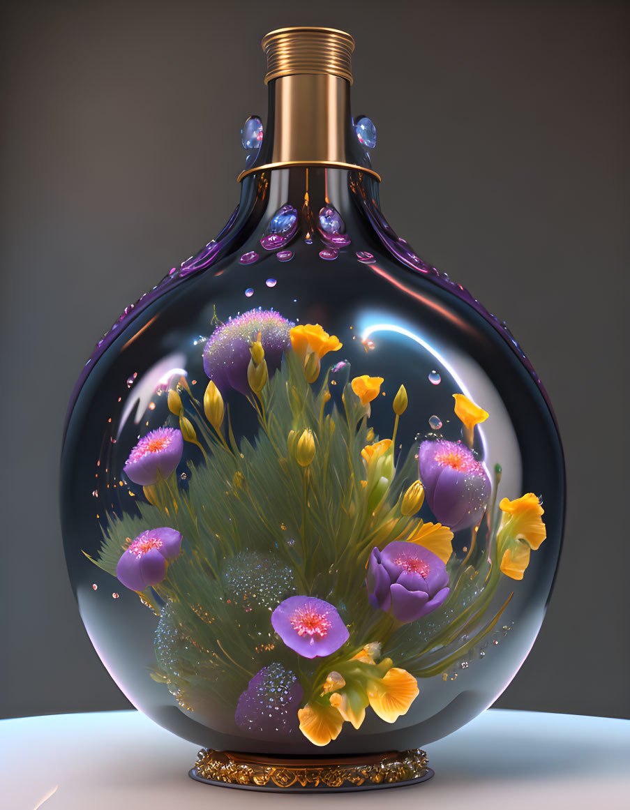 Glass terrarium with gold neck showcasing vibrant mini-garden & floating water droplets