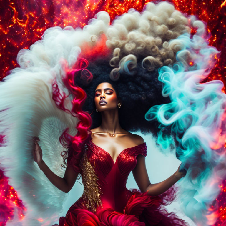 Vibrant red dress woman surrounded by colorful smoke swirls