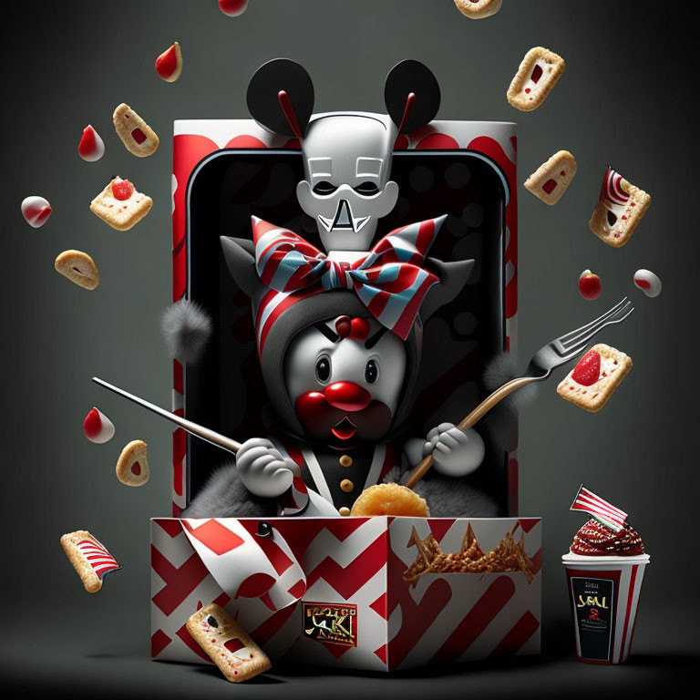 Anthropomorphic mouse drumming with food items on dark background