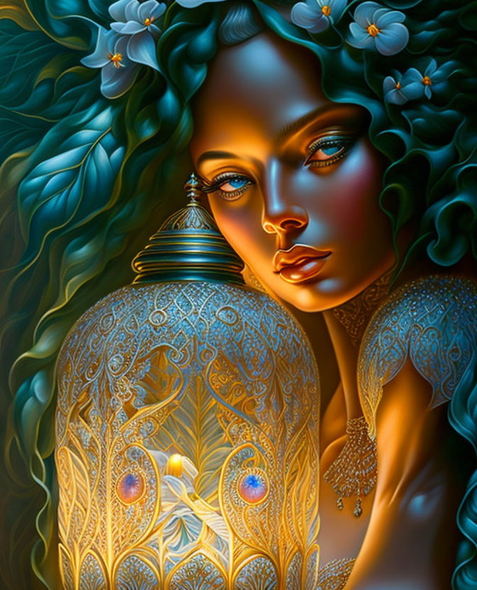 Stylized portrait of woman with green hair holding ornate golden lamp