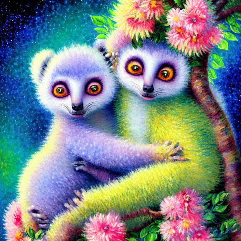 Colorful Lemurs Embracing in Fantasy Setting