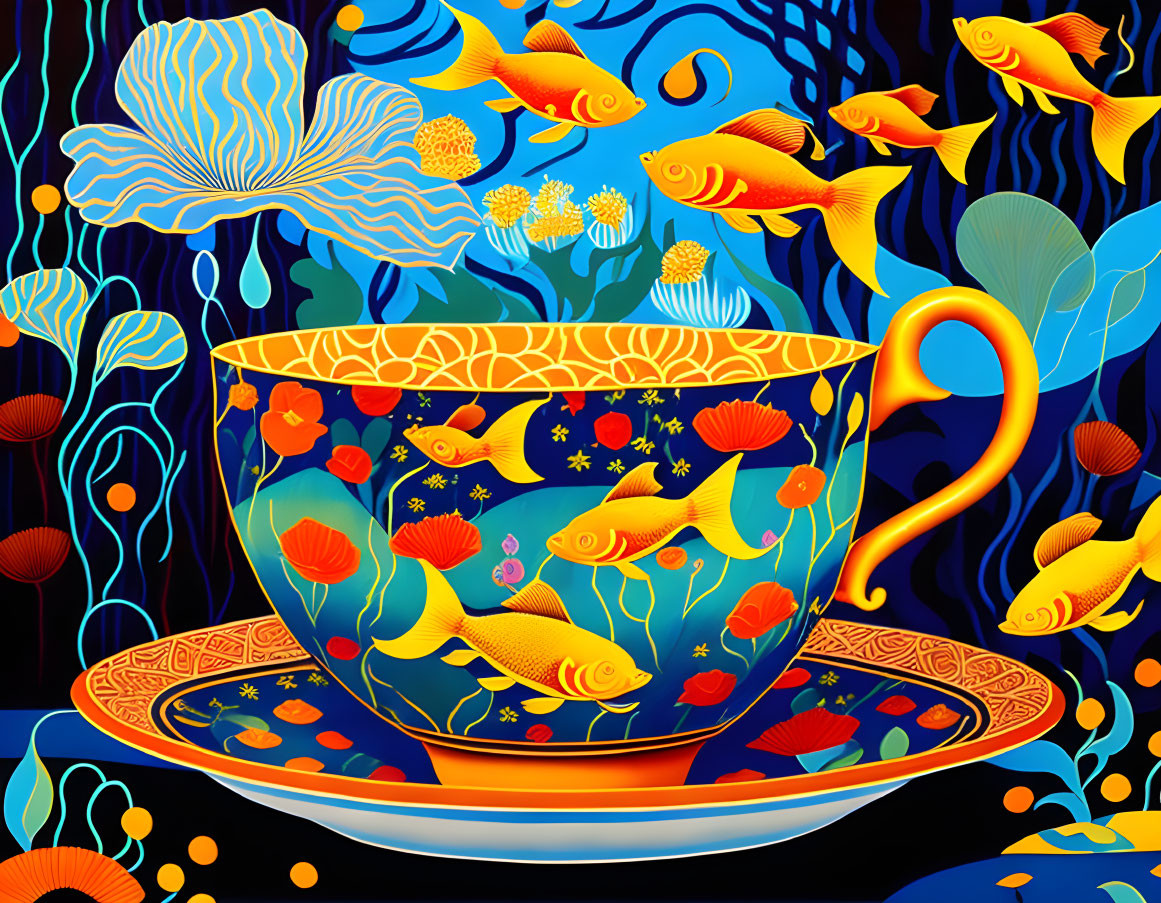 Colorful Teacup with Golden Fish on Blue Background