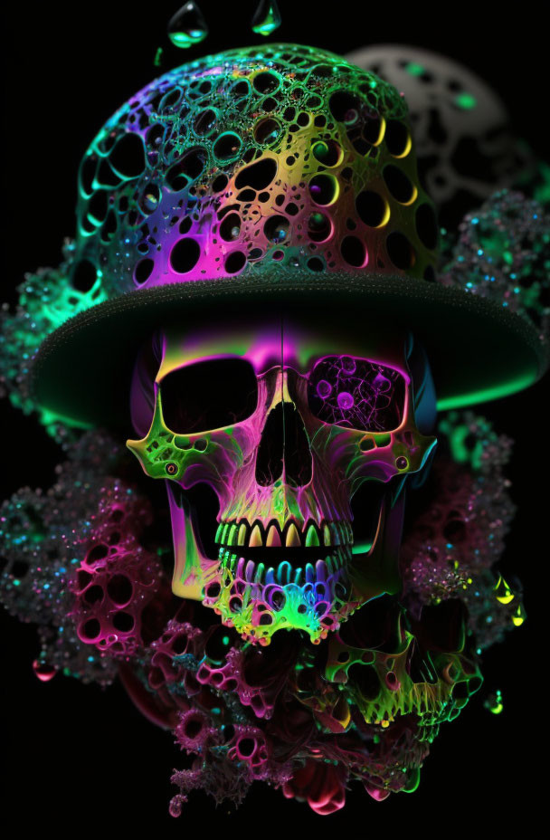 Colorful Psychedelic Skull Artwork with Neon Hues and Mushroom Cap