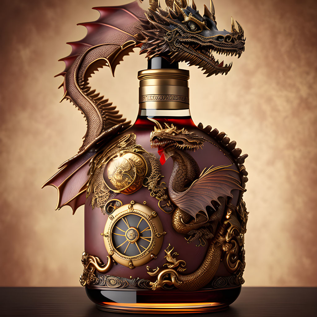 Metallic Dragon Sculpture Liquor Bottle with Wings, Compass Emblem