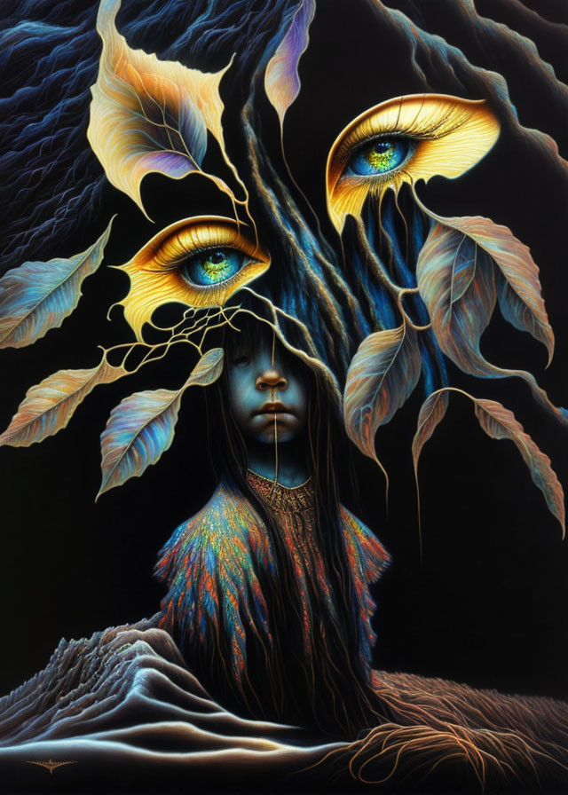 Surreal Artwork: Female Figure with Vibrant Eyes and Nature Elements