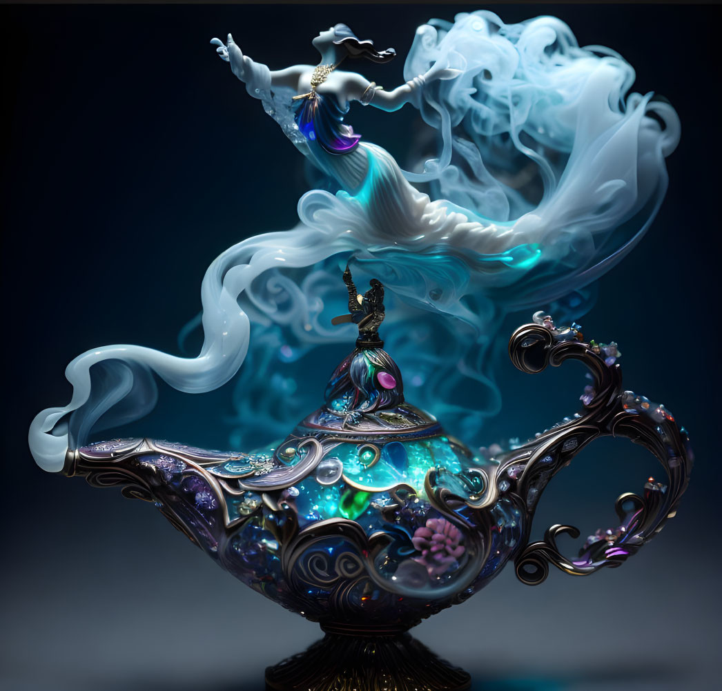 Ornate magical lamp with mystical blue smoke genie on dark backdrop