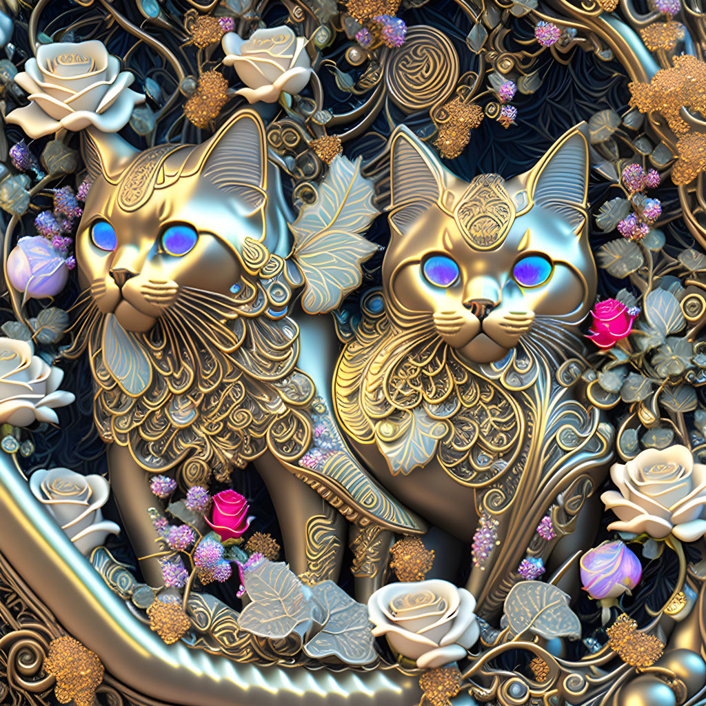 Golden cats with blue eyes in ornate floral setting.