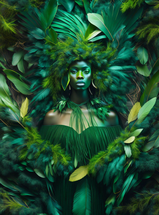 Striking green makeup woman in lush green feathers and leaves