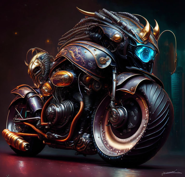 Detailed futuristic knight in armor on mechanical bike against cityscape.