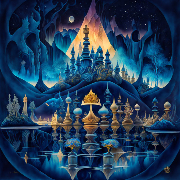 Surreal blue-toned landscape with chess pieces, water, foliage, and starry sky