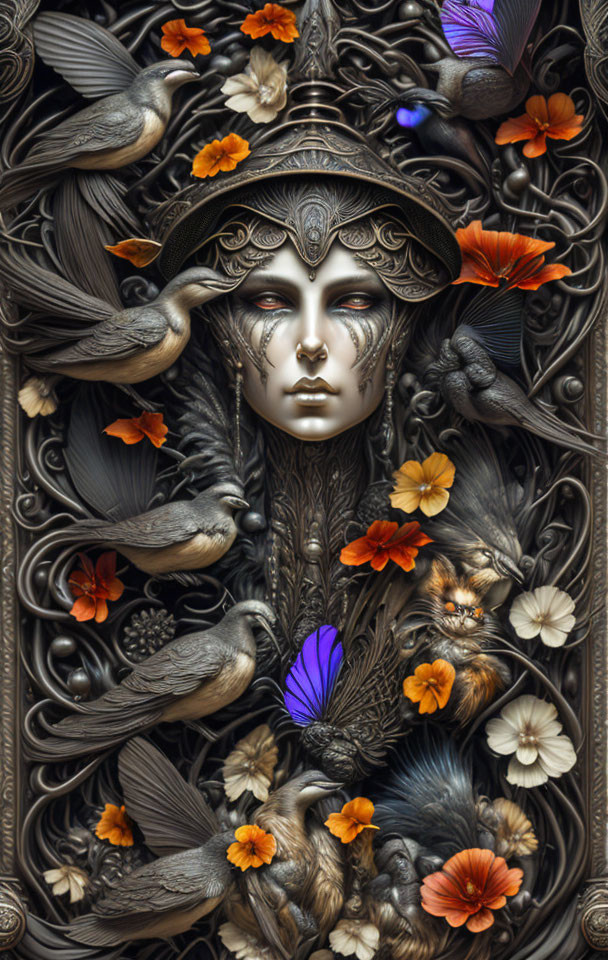 Intricate metallic relief of face with birds and flowers