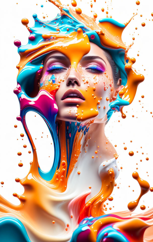 Colorful liquid paint blending with woman's face in vibrant composition