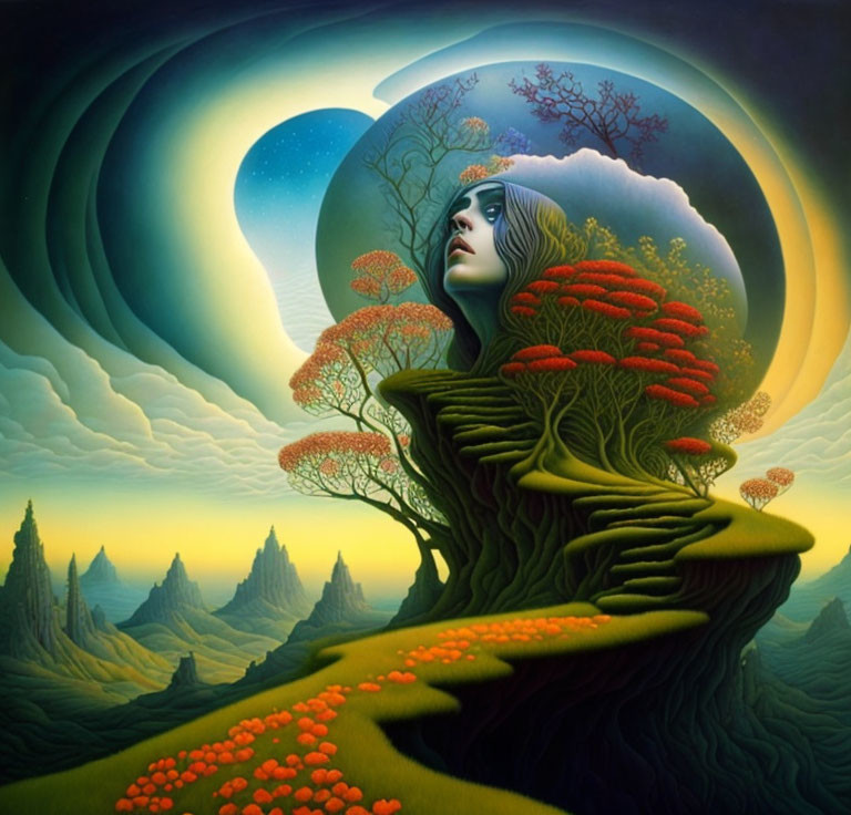 Surrealistic artwork: Woman's face merging with tree in fantastical landscape