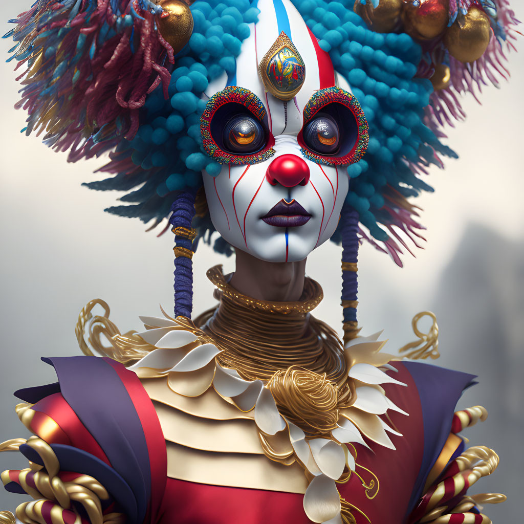 Elaborate clown costume with colorful headdress and painted face