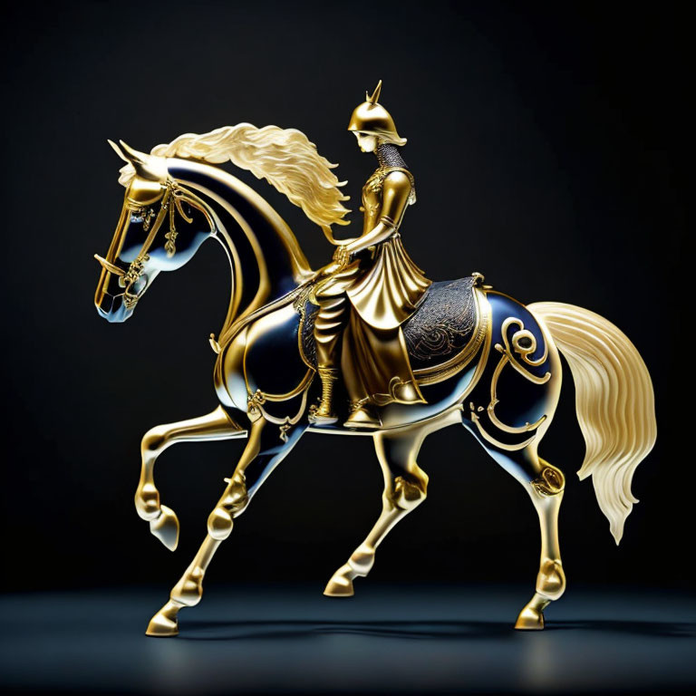 Golden knight on horseback with intricate details on dark background