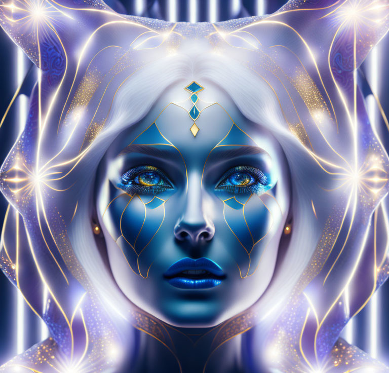 Mystical digital artwork of a blue-skinned woman with golden markings