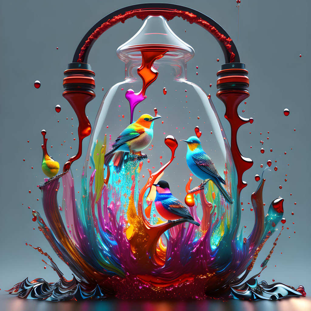 Colorful Liquid Splash with Birds in Transparent Lantern on Gray Background