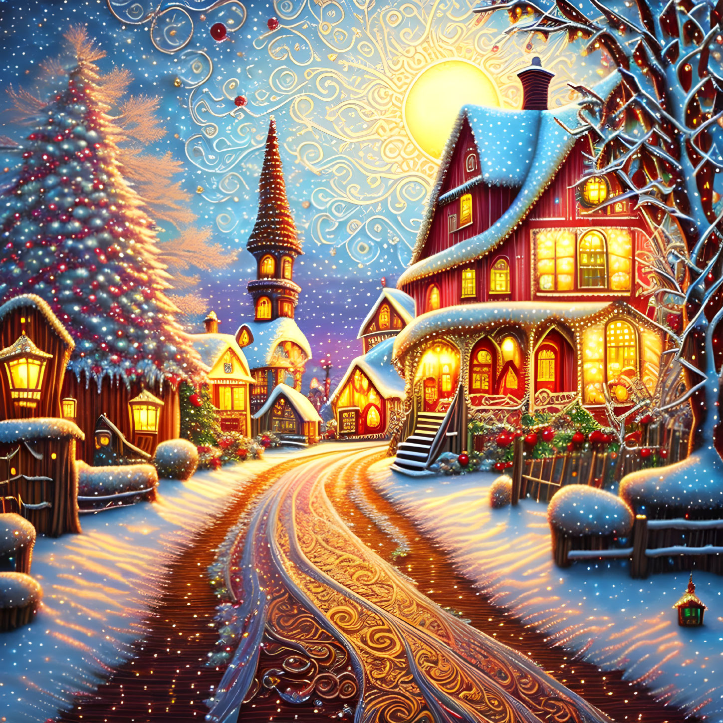 Snow-covered village with Christmas tree & festive decorations