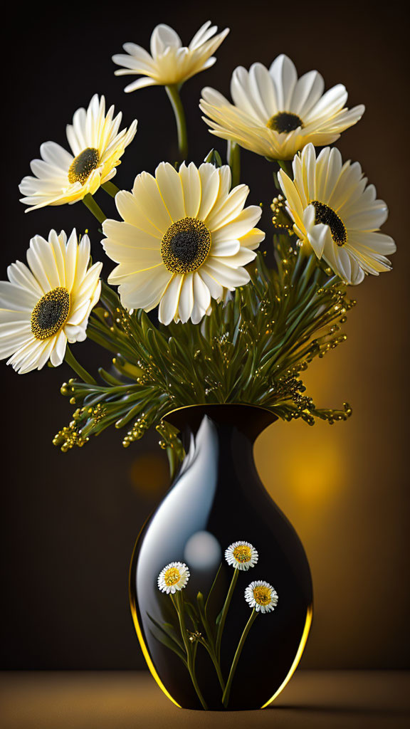 White daisies with yellow centers on dark background under warm light