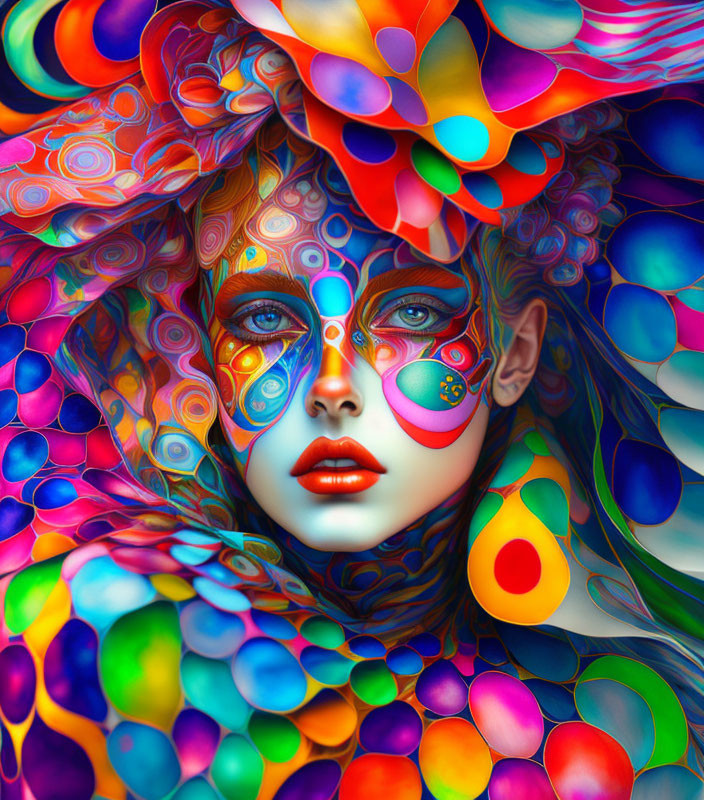 Colorful digital artwork featuring person with patterned skin and abstract shapes