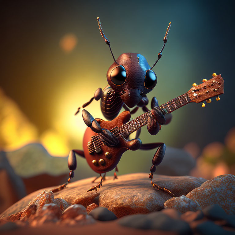 Anthropomorphic ant playing guitar on rocky ground