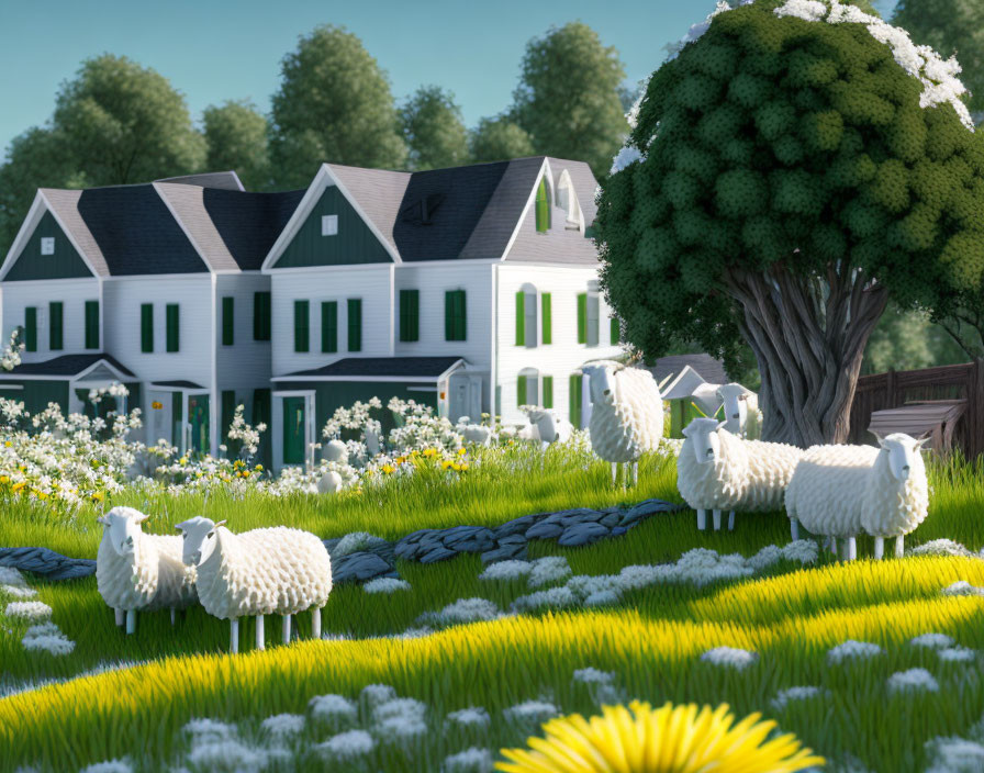 White sheep grazing among daisies with white houses and lush trees in the background