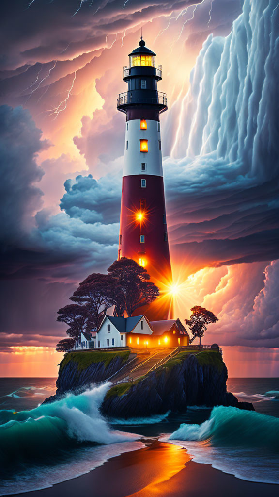 Dramatic stormy sky with vivid lighthouse on cliff