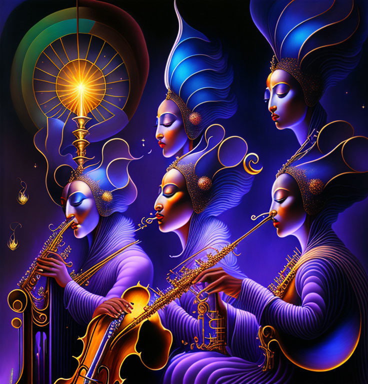 Colorful digital artwork: Four elongated figures playing instruments in cosmic scene