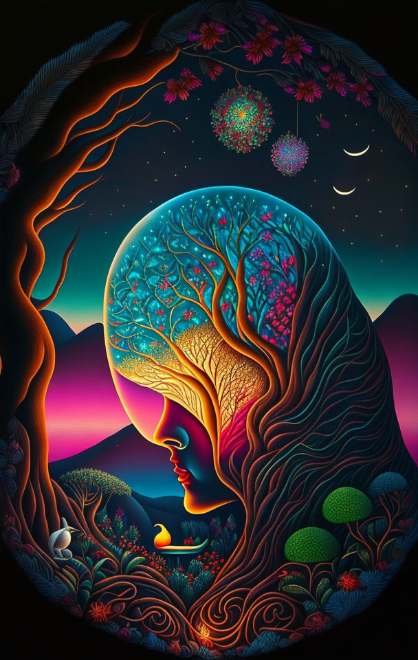 Colorful woman's profile with tree of life hair in night landscape