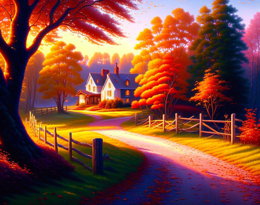 Charming countryside house in autumn setting with sunset glow