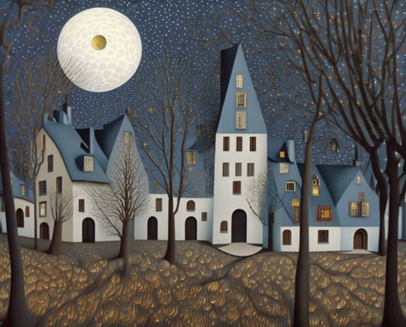 Stylized painting of a quaint village at night with tall houses, lit windows, bare trees,