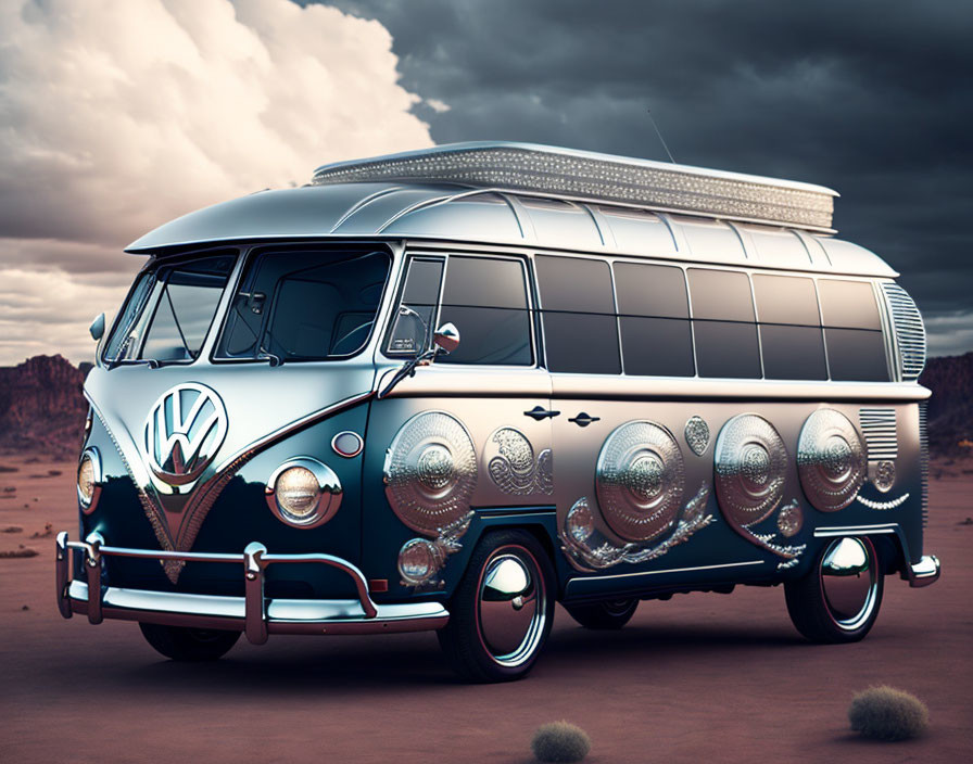 Vintage Volkswagen bus with silver trim in desert setting.