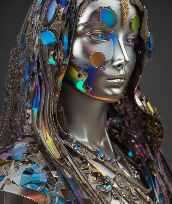 Futuristic metallic female figure with iridescent jewels and intricate patterns