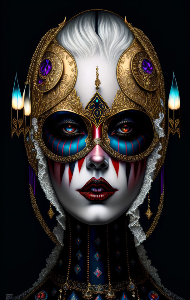 Detailed Venetian mask illustration with gold accents on a dark background