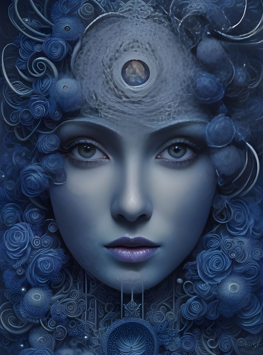 Surreal blue-toned portrait of woman with third eye and marine motifs