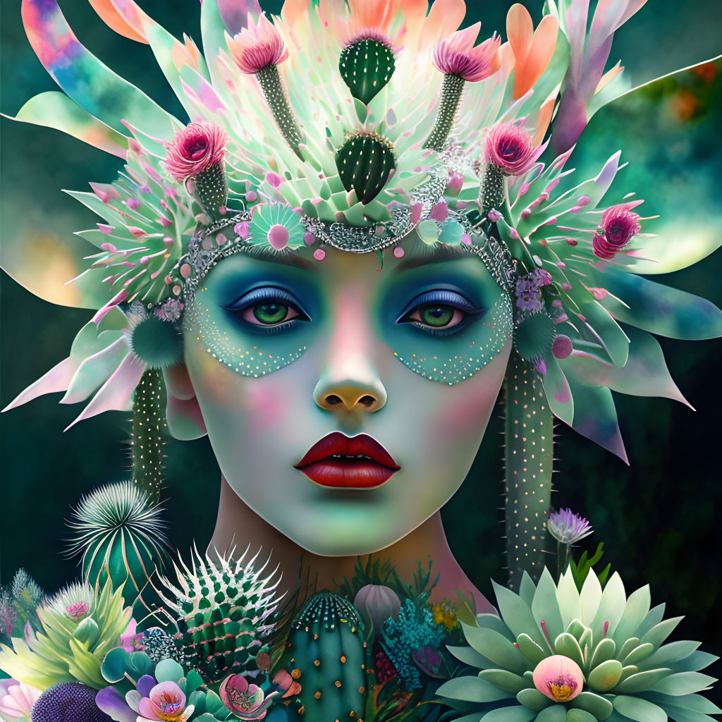 Blue-skinned figure with floral cactus headdress on dark botanical backdrop